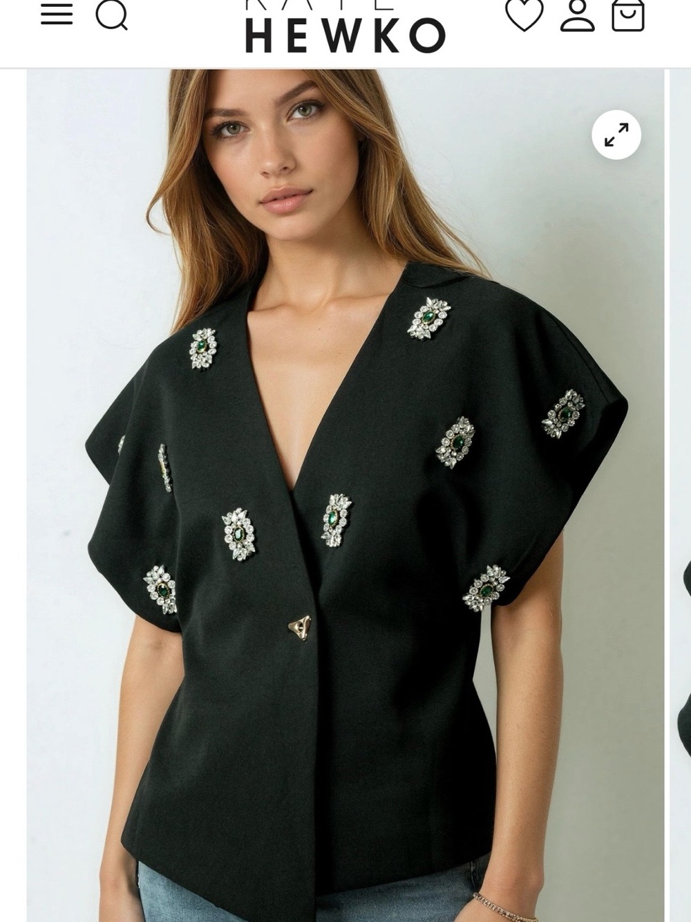Kate Hewko Embellished Black V-Neck Boxy Top